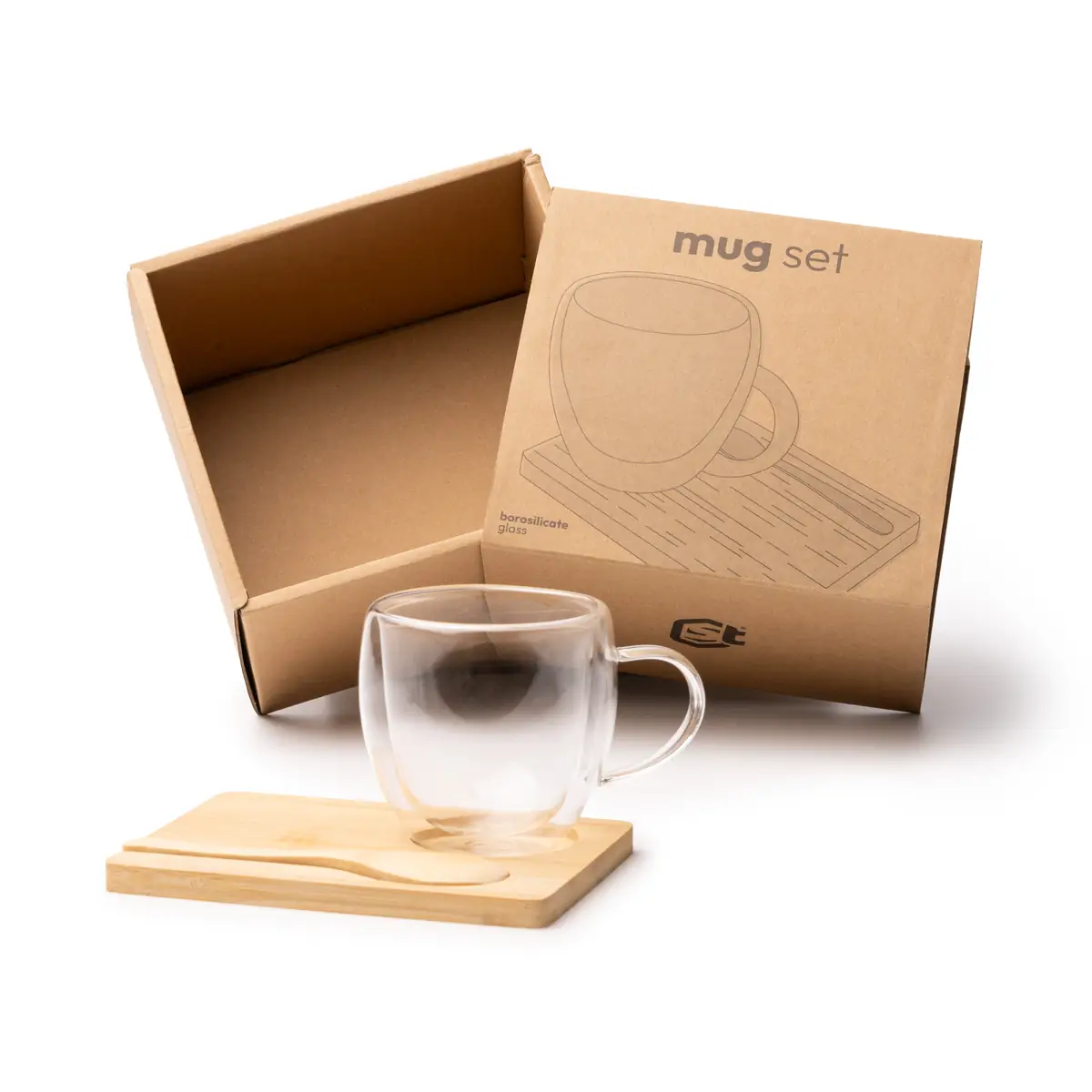 Set de taza y posavasos Stamina Blumon 1848 5 Set de taza y posavasos Stamina Blumon 1848, transparente, vista del set junto a su caja de diseño