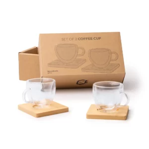 Set 2 tazas con posavasos Stamina Robus 1849, transparente, vista del set junto a su caja de diseño