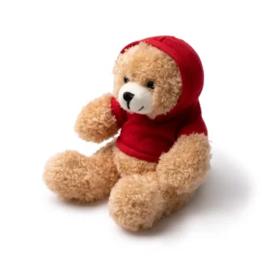 Pack de 10 peluches Stamina Jazz 1853, sudadera en rojo, vista del peluche con la capucha puesta