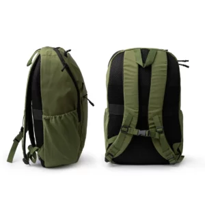 Mochila de nylon Stamina Vermont 1865, verde oscuro, vistas lateral y posterior de la mochila