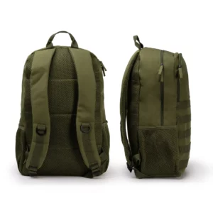 Mochila de RPET Stamina Bufalo 1870, verde oscuro, vistas posterior y lateral de la mochila