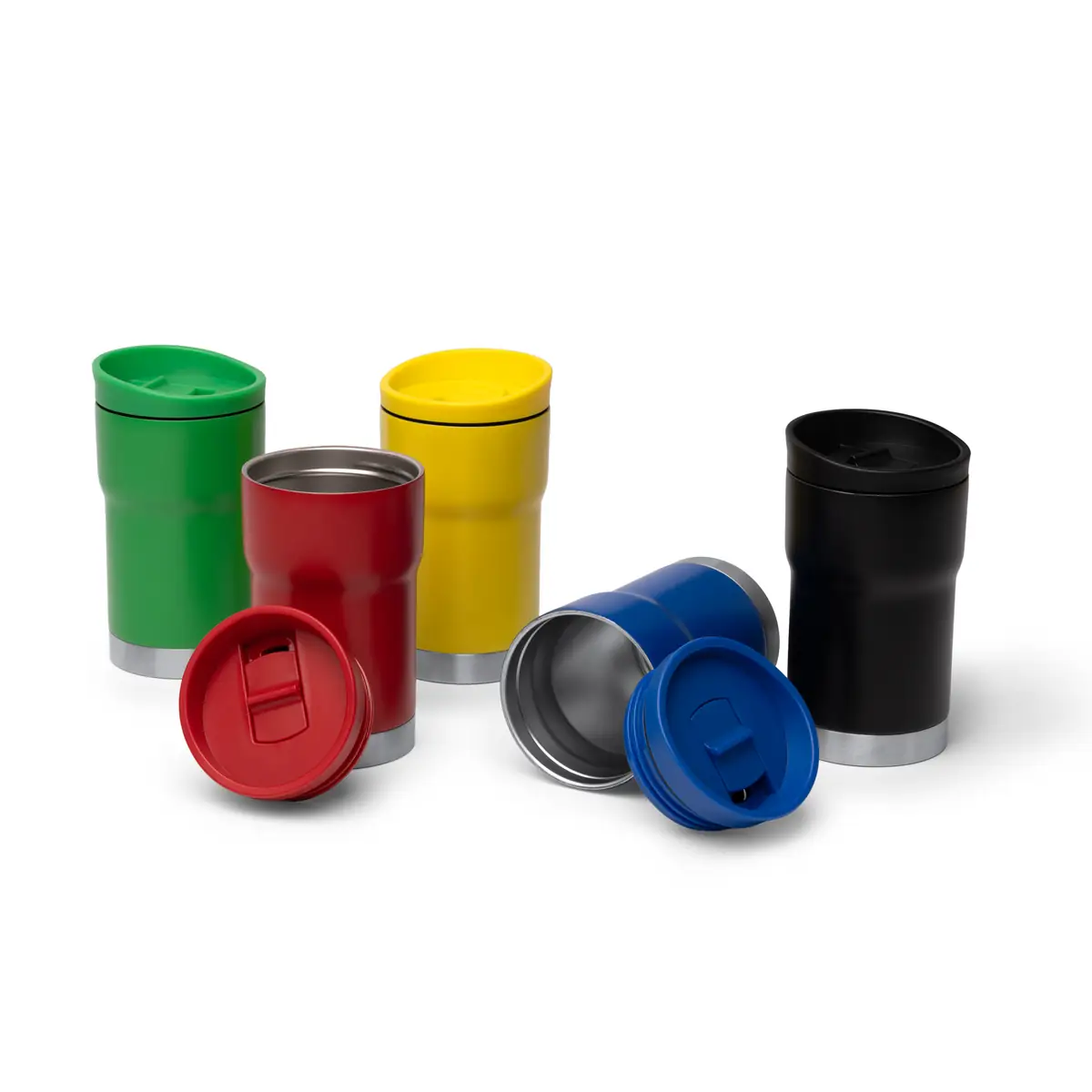 Vaso térmico Stamina Kopik 1873 12 Vaso térmico Stamina Kopik 1873, vista conjunta de varios colores con algunas tapas retiradas
