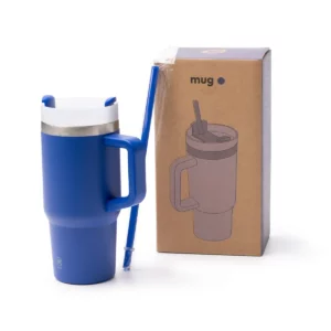 Taza térmica Stamina Gotex 1881, royal, vista de la taza junto a su caja de diseño
