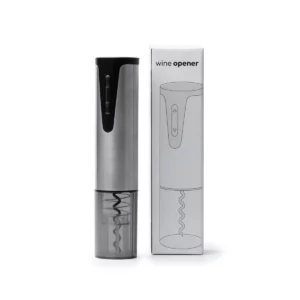Sacacorchos eléctrico Stamina Pingux 1891, negro, vista del sacacorchos junto a su caja