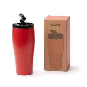 Vaso térmico Stamina Seward 1895, rojo, vista del vaso junto a su caja de diseño