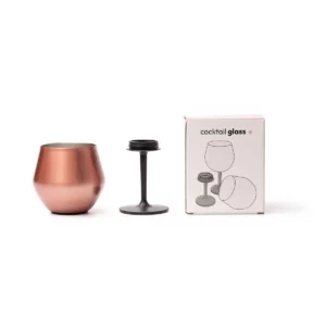 Vaso convertible en copa Stamina Frades 1908, rosa dorado, vista del vaso, el soporte separado y la caja de diseño