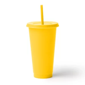 Pack de 10 vasos con pajita Stamina Baky 1995, amarillo, vista frontal del producto