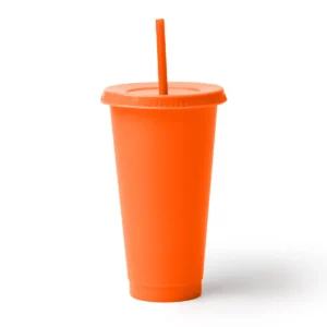 Pack de 10 vasos con pajita Stamina Baky 1995, naranja, vista frontal del producto