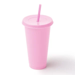 Pack de 10 vasos con pajita Stamina Baky 1995, rosa, vista superior del vaso con tapa y pajita