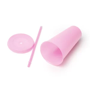 Pack de 10 vasos con pajita Stamina Baky 1995, rosa, vista del vaso junto a su tapa y pajita separadas