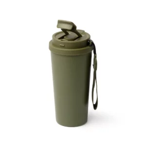 Vaso térmico Stamina Folner 1999, verde oscuro, vista del vaso en perspectiva con la pajita abatible levantada