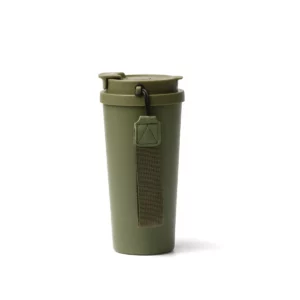 Vaso térmico Stamina Folner 1999, verde oscuro, vista posterior del vaso con la cinta de transporte