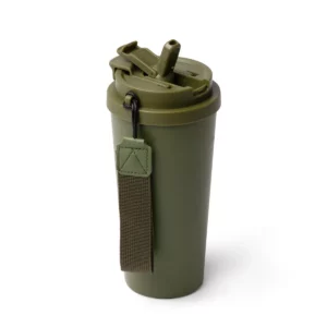 Vaso térmico Stamina Folner 1999, verde oscuro, vista del vaso con la abertura y la cinta de transporte visibles