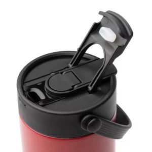Vaso térmico Stamina Tumbat 2015, rojo oscuro, detalle del dosificador abierto en la tapa