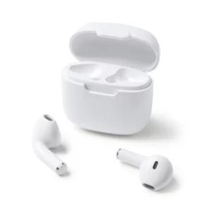 Auriculares con estuche Stamina Costen 3037, blanco, vista del estuche abierto y los auriculares