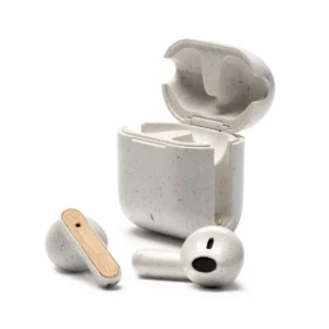Auriculares con estuche Stamina Kuasi 3041, crudo, vista de los auriculares junto al estuche abierto