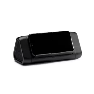 Altavoz con carga inalámbrica Stamina Sakura 3191, negro, ejemplo de uso del soporte con un teléfono