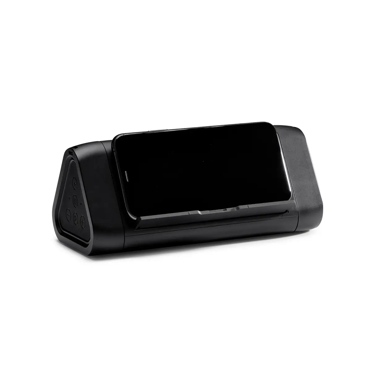 Altavoz con carga inalámbrica Stamina Sakura 3191 4 Altavoz con carga inalámbrica Stamina Sakura 3191, negro, ejemplo de uso del soporte con un teléfono