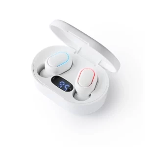 Auriculares con estuche Stamina Funk 3307, blanco, vista del estuche abierto con pantalla y auriculares