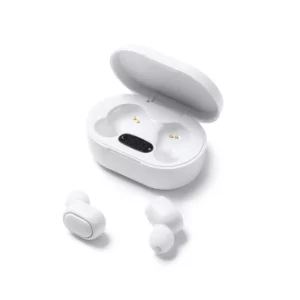Auriculares con estuche Stamina Funk 3307, blanco, vista del estuche abierto y los auriculares separados