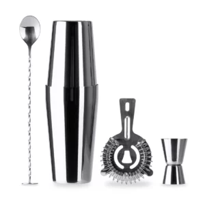 Set de cóctel Stamina Larius 3993, plata, vista frontal de los accesorios del set