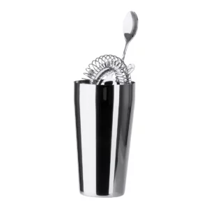 Set de cóctel Stamina Larius 3993, plata, vista de los utensilios colocados dentro del cuerpo de la coctelera