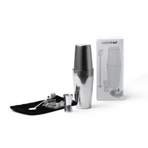 Set de cóctel Stamina Larius 3993, plata, vista del set con la bolsa y la caja de presentación