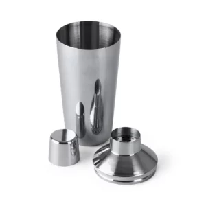 Coctelera de acero Stamina Daniel 3994, plata, vista de la coctelera abierta con sus piezas separadas