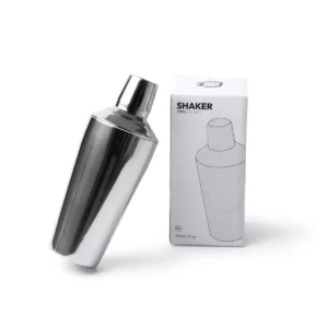 Coctelera de acero Stamina Daniel 3994, plata, vista de la coctelera junto a su caja