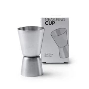 Medidor para bebidas Stamina Cardu 3995, plata, vista del medidor junto a su caja de presentación