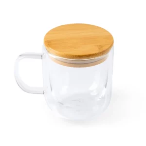 Taza de cristal con tapa Stamina Indal 3998, transparente, vista superior de la taza con tapa en perspectiva