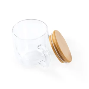 Taza de cristal con tapa Stamina Indal 3998, transparente, vista de la taza inclinada junto a la tapa