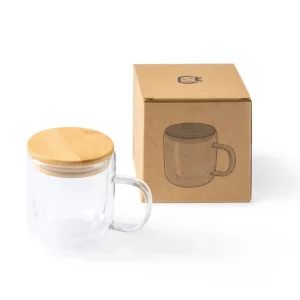 Taza de cristal con tapa Stamina Indal 3998, transparente, vista de la taza junto a su caja de diseño