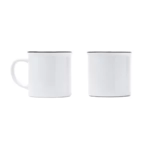 Taza retro para sublimar Stamina Kumbo 4002, blanco/negro, vista de dos tazas con borde negro mostrando caras opuestas