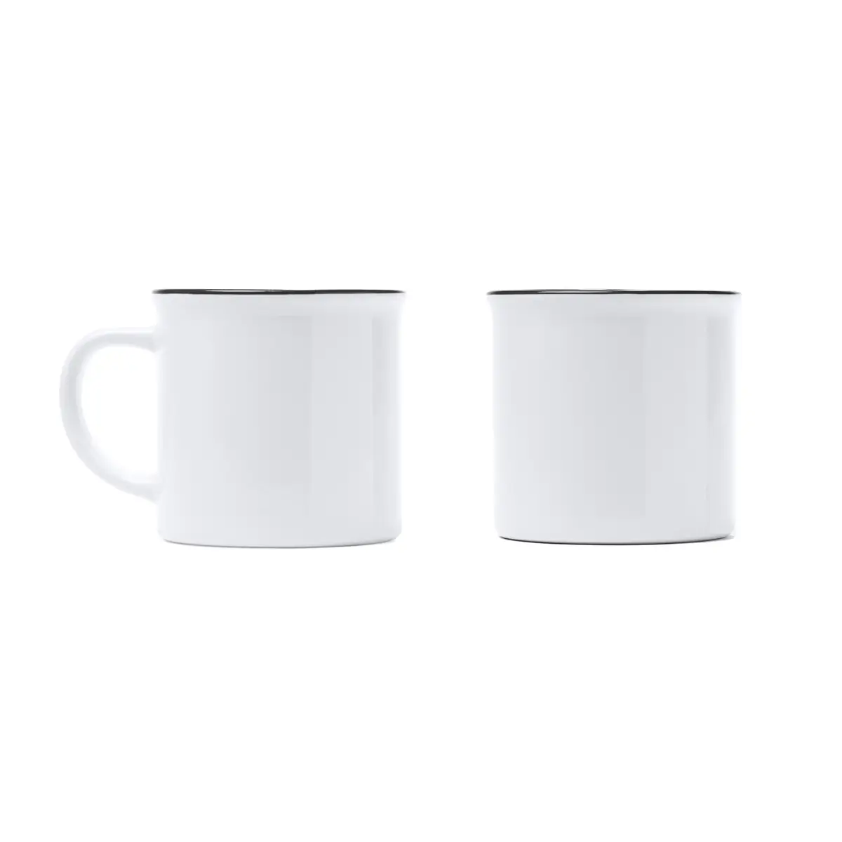 Taza retro para sublimar Stamina Kumbo 4002 6 Taza retro para sublimar Stamina Kumbo 4002, blanco/negro, vista de dos tazas con borde negro mostrando caras opuestas