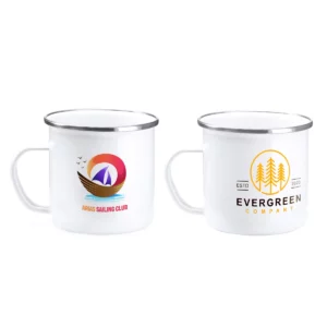Taza metálica Stamina Damasco 4014, blanco, vista de dos tazas con ejemplos de personalización