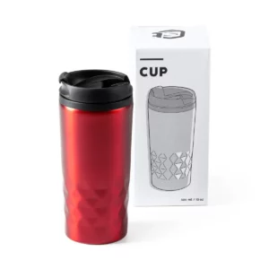 Vaso de acero Stamina Salak 4028, rojo, vista del vaso junto a su caja de diseño