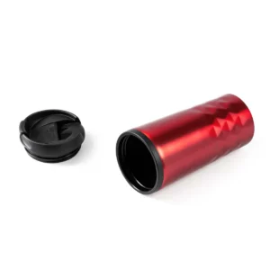 Vaso de acero Stamina Salak 4028, rojo, vista del vaso tumbado junto a la tapa