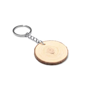 Llavero de madera natural Stamina Budan 4054, diseño redondo, vista del llavero redondo en perspectiva