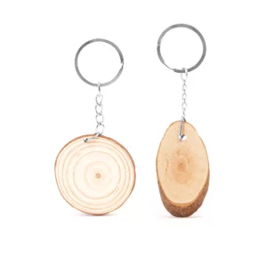 Llavero de madera natural Stamina Budan 4054, vista de los diseños redondo y ovalado