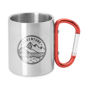 Taza con mosquetón Stamina Guaya 4082, rojo, vista de la taza con un ejemplo de personalización