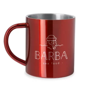 Taza de acero Stamina Kiwan 4083, rojo, vista de la taza con un ejemplo de personalización