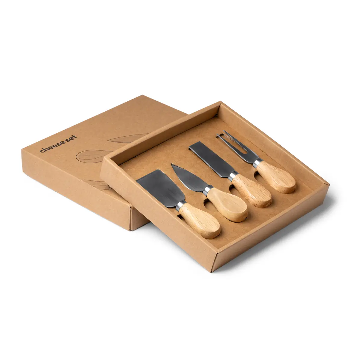 Set de 4 utensilios para queso Stamina Edam 4101 2 Set de 4 utensilios para queso Stamina Edam 4101, crudo, vista del estuche abierto junto a la cubierta