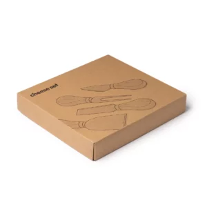 Set de 4 utensilios para queso Stamina Edam 4101, crudo, vista del estuche cerrado
