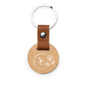 Llavero de madera Stamina Marbel 4109, diseño redondo, ejemplo de marcaje sobre el llavero