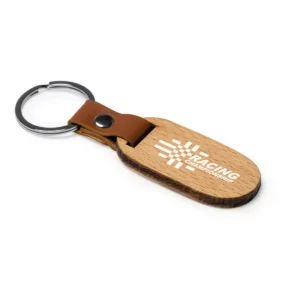 Llavero de madera Stamina Marbel 4109, diseño ovalado, ejemplo de marcaje sobre el llavero