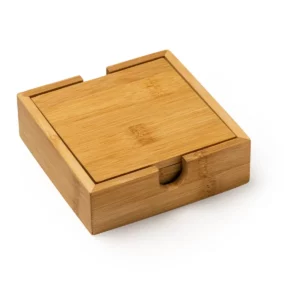 Set de 4 posavasos de bambú Stamina Algor 4113, crudo, vista frontal de los posavasos guardados en su caja