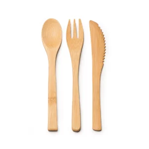 Set de cubiertos de bambú Stamina Colmer 4117, crudo, vista del tenedor, la cuchara y el cuchillo fuera de la funda