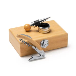 Set de vino en estuche de bambú Stamina Tintos 4129, crudo, vista de los accesorios junto al estuche