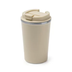 Vaso térmico Stamina Okele 4134, beige, vista del vaso en perspectiva con la tapa colocada